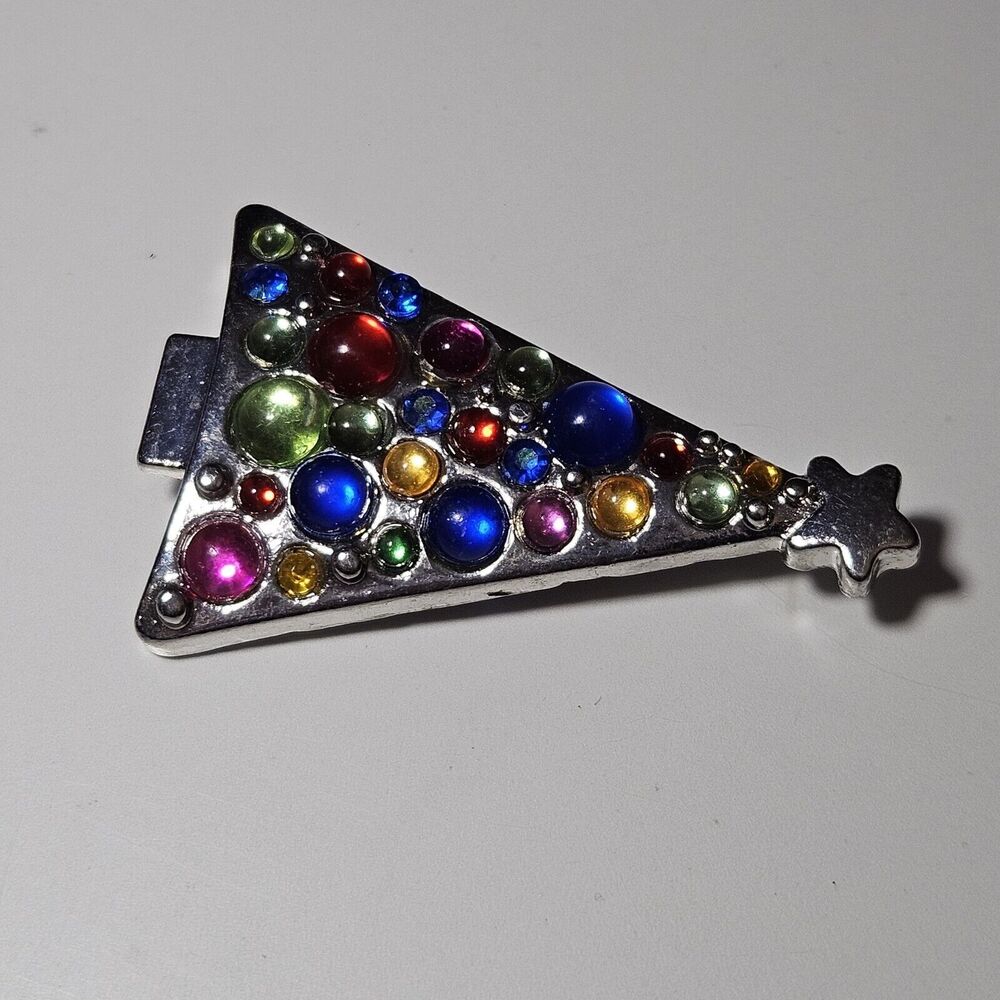 VTG Multi Color Glass Rhinestone Ornaments Christmas Tree Silver Tone Brooch - Picture 7 of 9